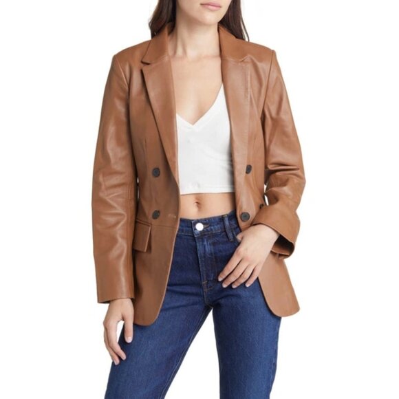 NWT FRAME ’70s Double-Breasted Leather Blazer Latte Size 6 - Picture 9 of 11